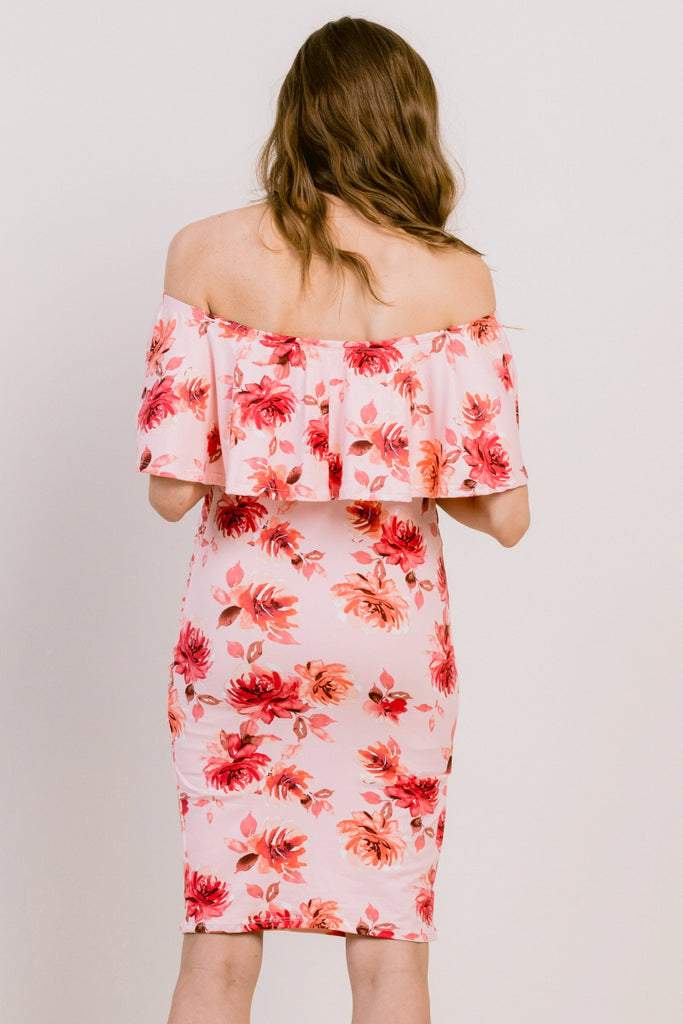 Pink Floral Ruffled Off Shoulder Maternity Dress