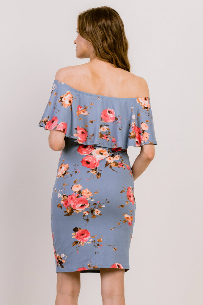 Denim Floral Print Ruffled Off Shoulder Maternity Dress