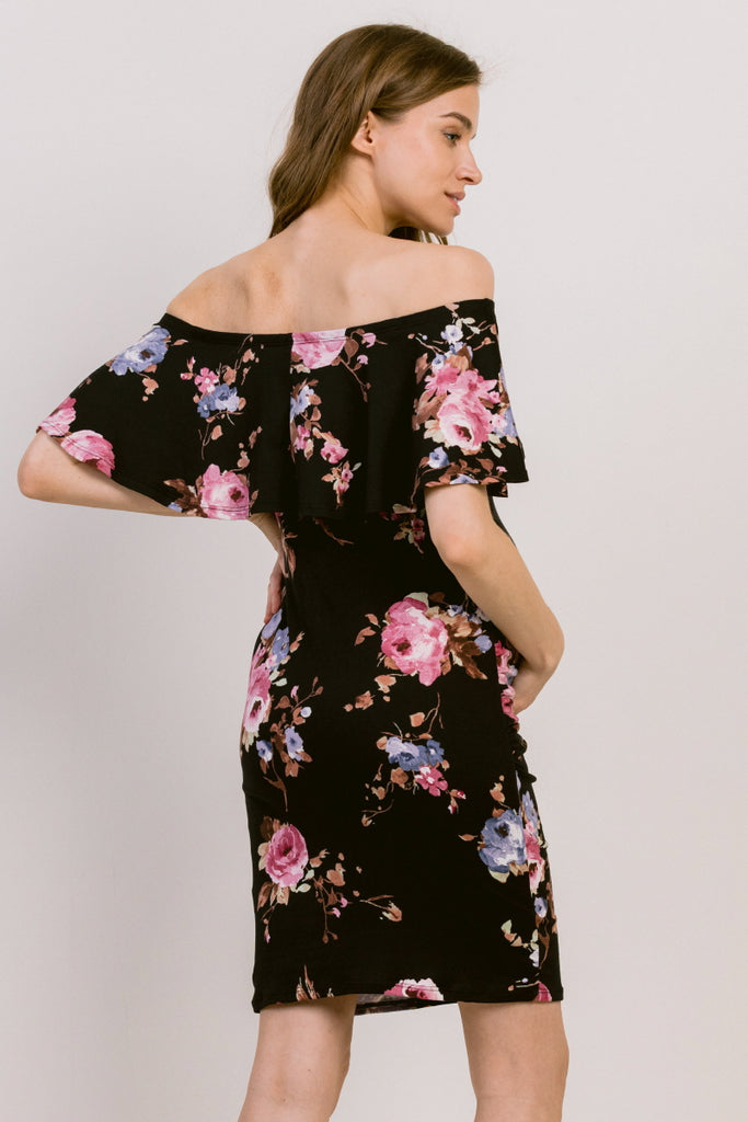Black Floral Print Ruffled Off Shoulder Maternity Dress