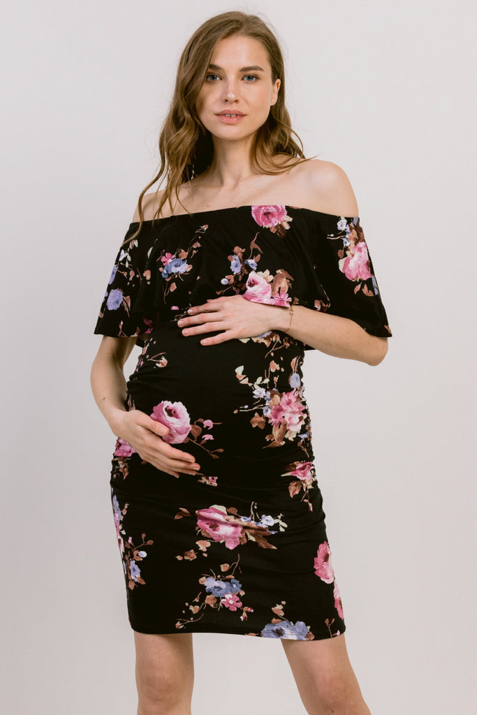 Black Floral Print Ruffled Off Shoulder Maternity Dress