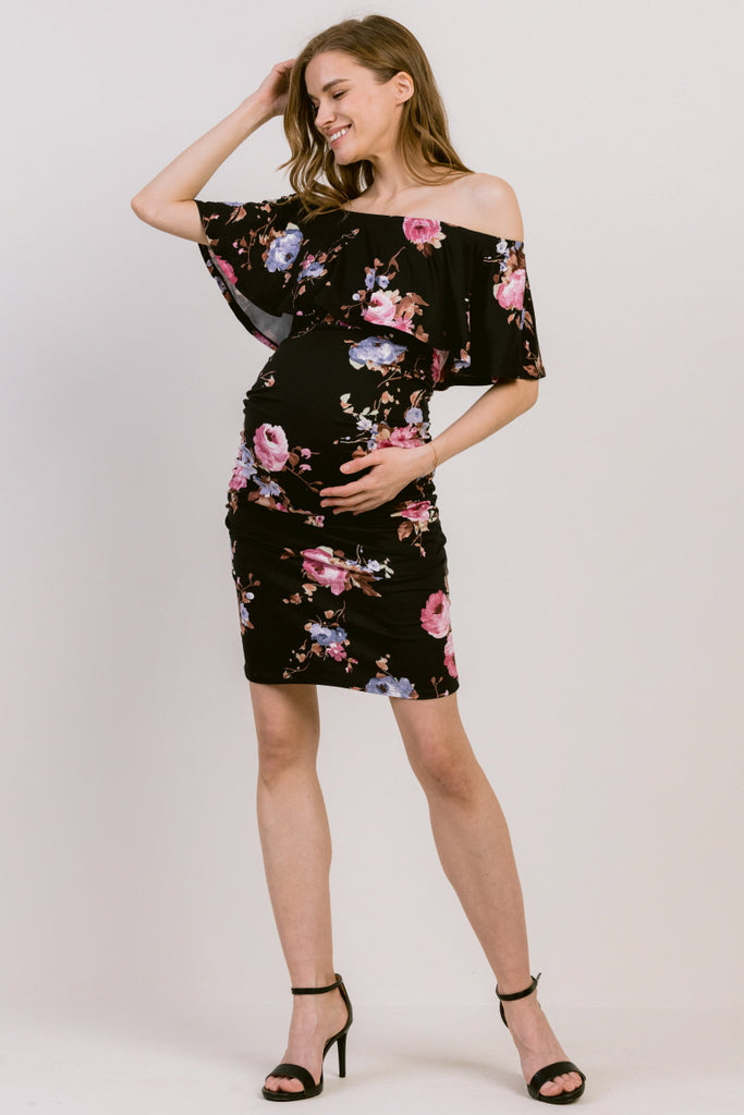 Black Floral Print Ruffled Off Shoulder Maternity Dress