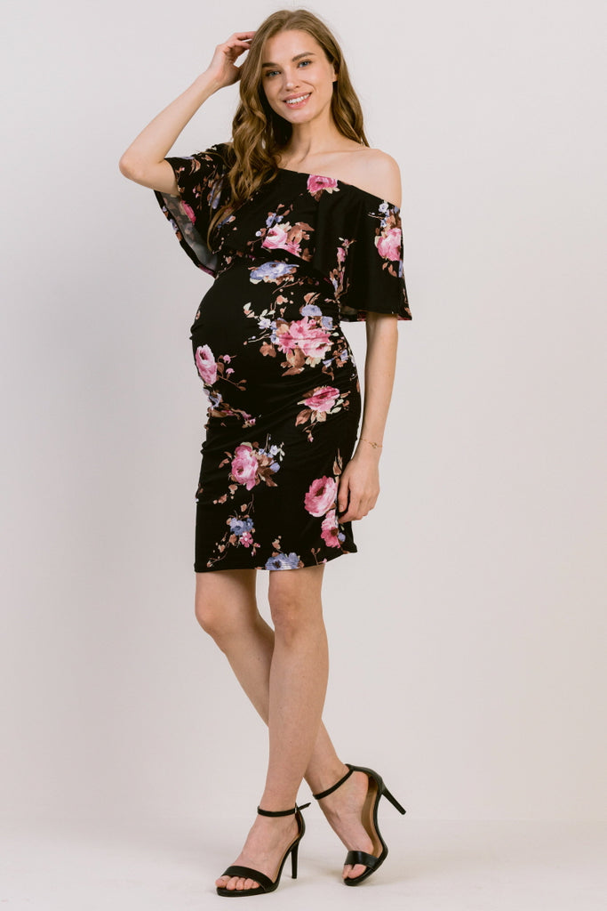 Black Floral Print Ruffled Off Shoulder Maternity Dress