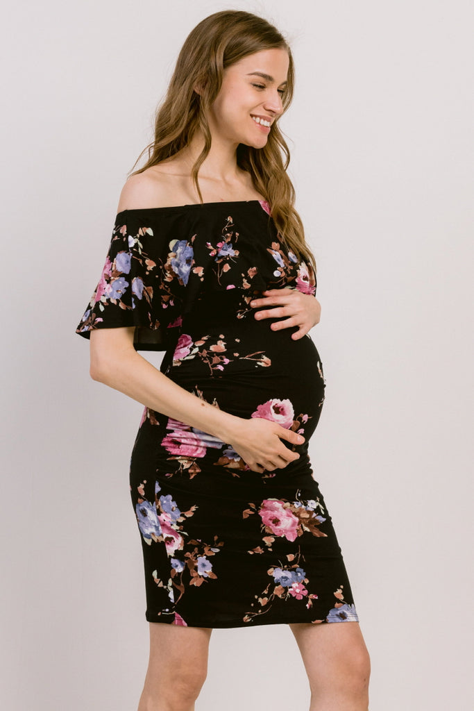 Black Floral Print Ruffled Off Shoulder Maternity Dress