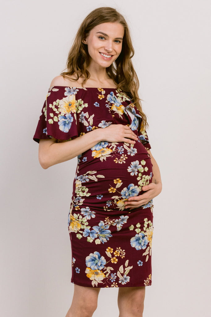Burgundy Floral Print Ruffled Off Shoulder Maternity Dress