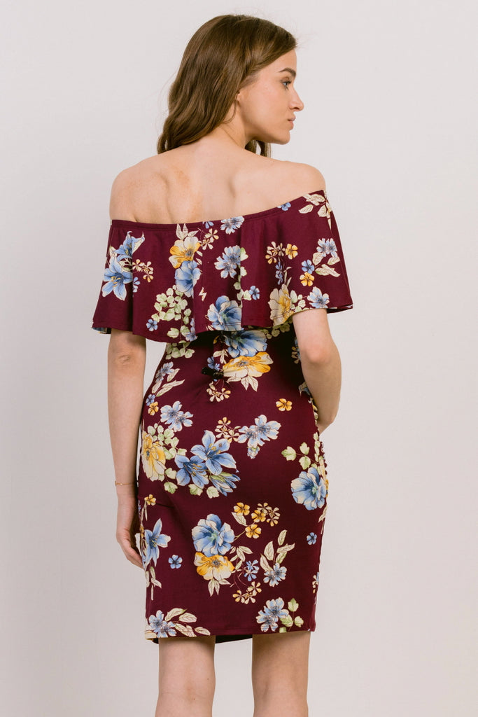 Burgundy Floral Print Ruffled Off Shoulder Maternity Dress