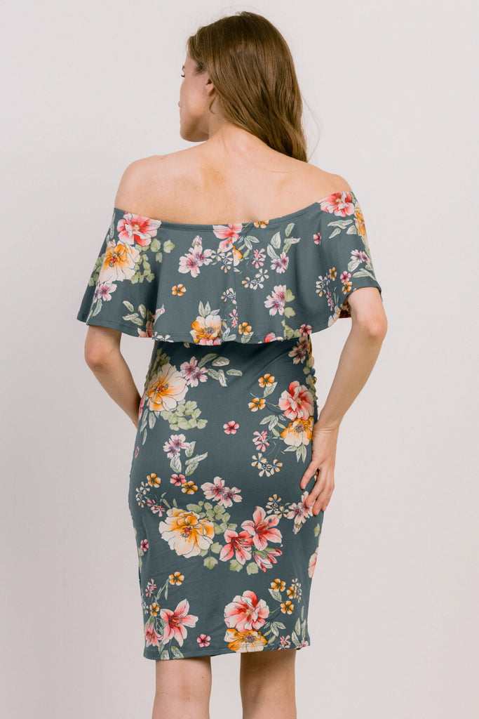 Teal Grey Floral Print Ruffled Off Shoulder Maternity Dress