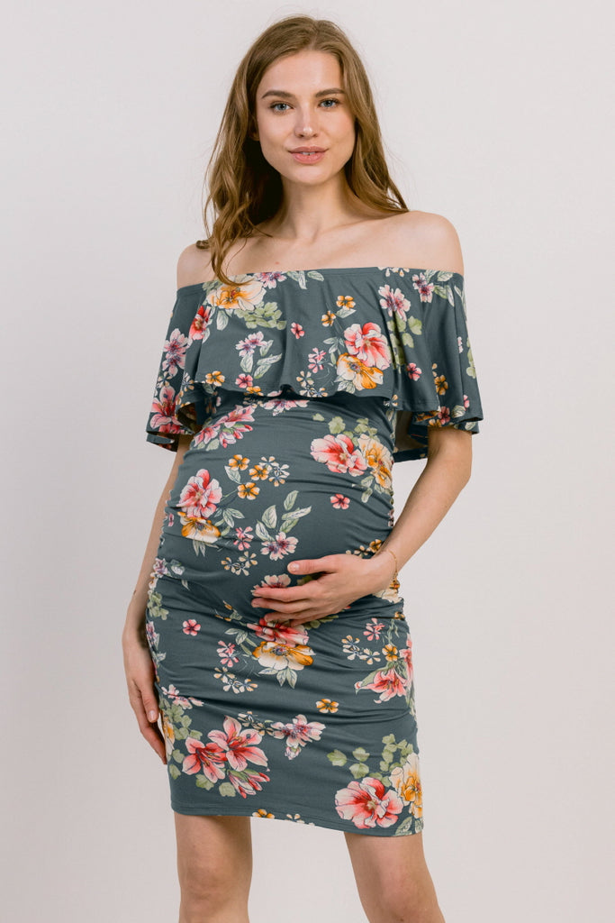 Teal Grey Floral Print Ruffled Off Shoulder Maternity Dress