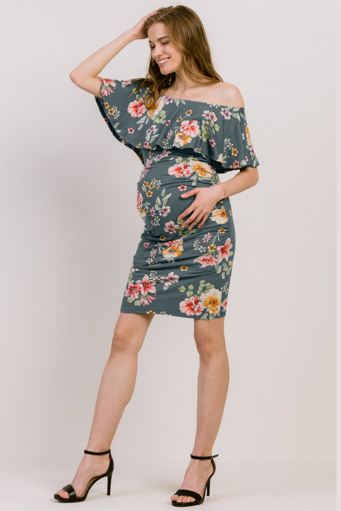 Teal Grey Floral Print Ruffled Off Shoulder Maternity Dress