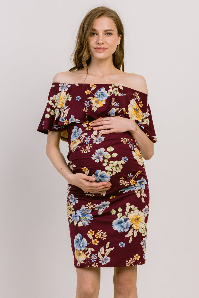 Burgundy Floral Print Ruffled Off Shoulder Maternity Dress