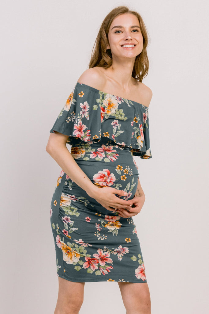 Teal Grey Floral Print Ruffled Off Shoulder Maternity Dress