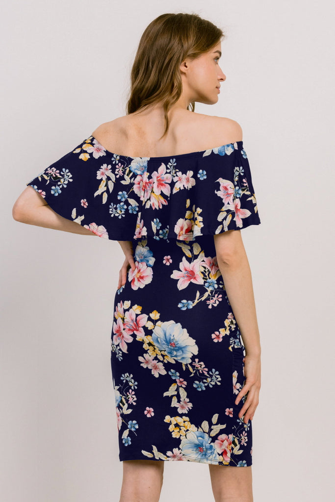 Navy Floral Print Ruffled Off Shoulder Maternity Dress