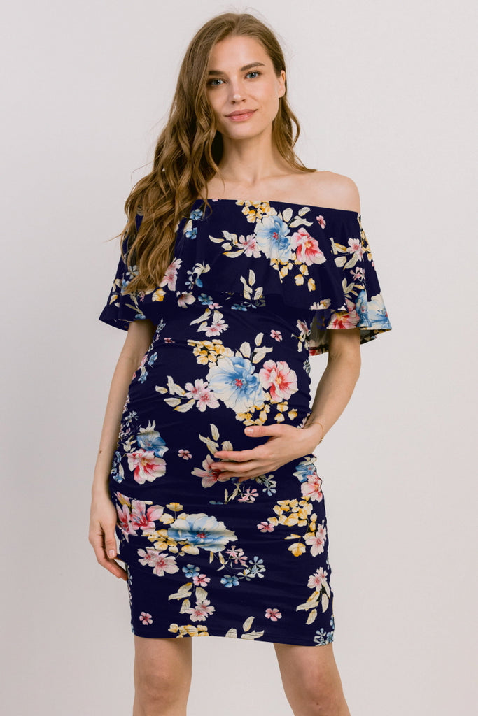 Navy Floral Print Ruffled Off Shoulder Maternity Dress