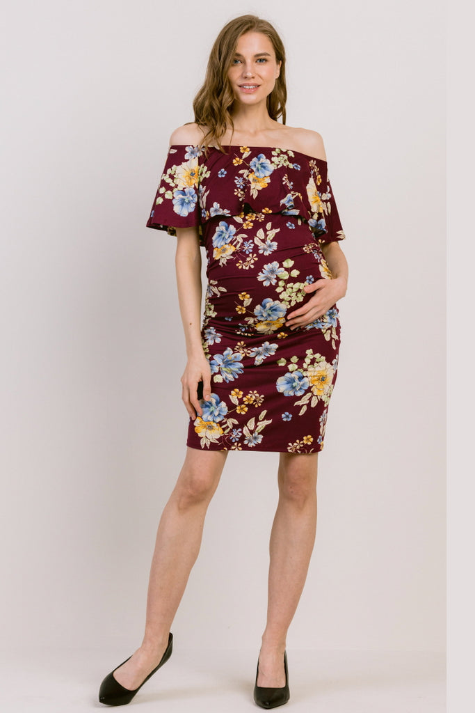 Burgundy Floral Print Ruffled Off Shoulder Maternity Dress