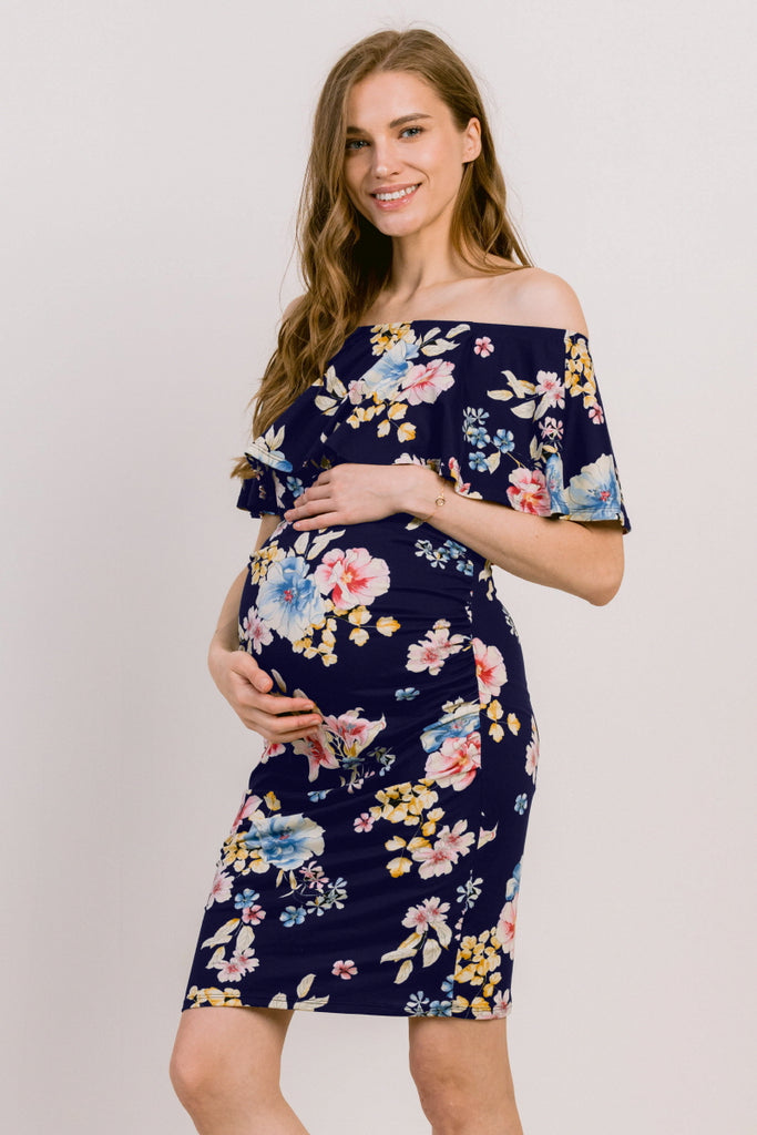 Navy Floral Print Ruffled Off Shoulder Maternity Dress
