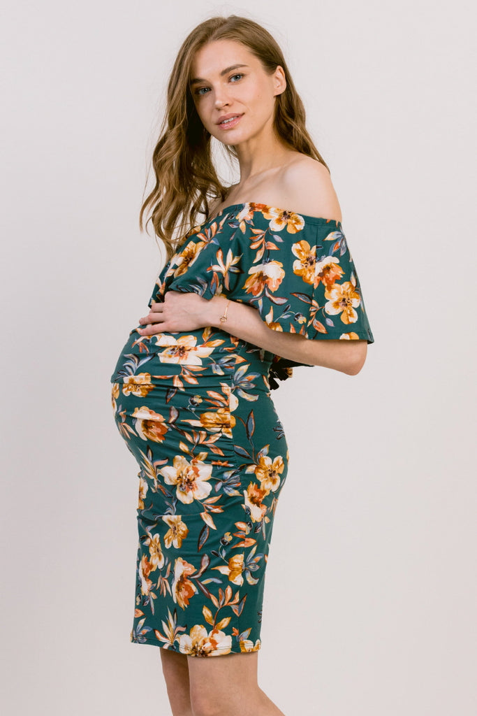 Green Floral Print Ruffled Off Shoulder Maternity Dress