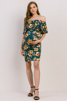Green Floral Print Ruffled Off Shoulder Maternity Dress
