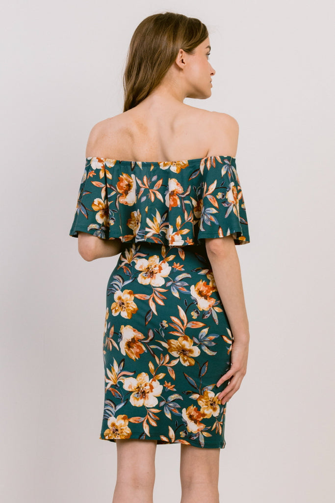 Green Floral Print Ruffled Off Shoulder Maternity Dress