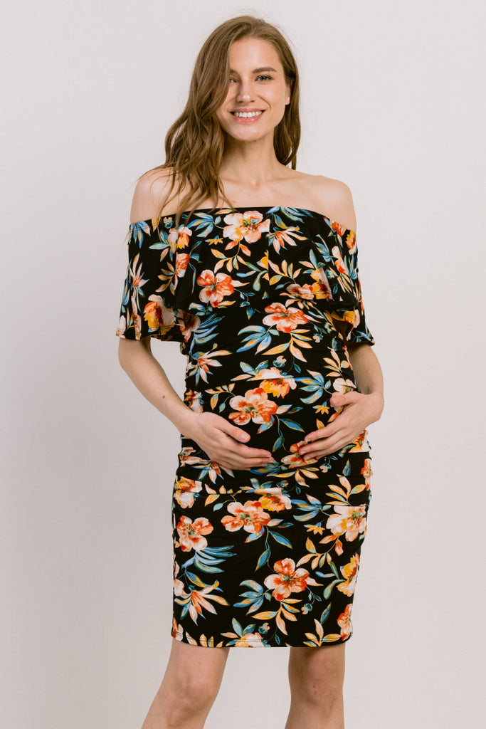 Black Floral Print Ruffled Off Shoulder Maternity Dress