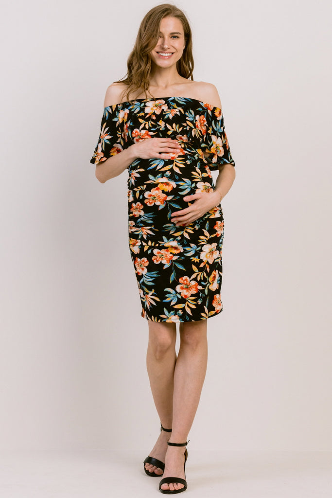 Black Floral Print Ruffled Off Shoulder Maternity Dress