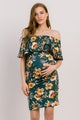 Green Floral Print Ruffled Off Shoulder Maternity Dress