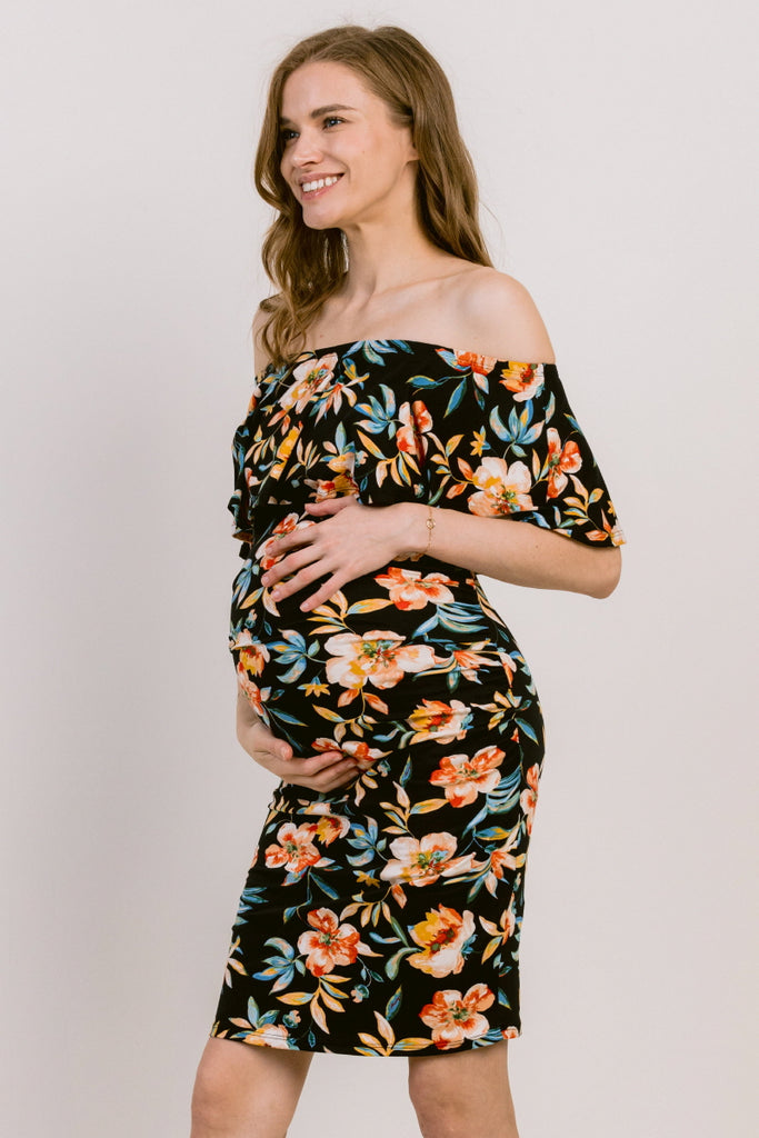 Black Floral Print Ruffled Off Shoulder Maternity Dress