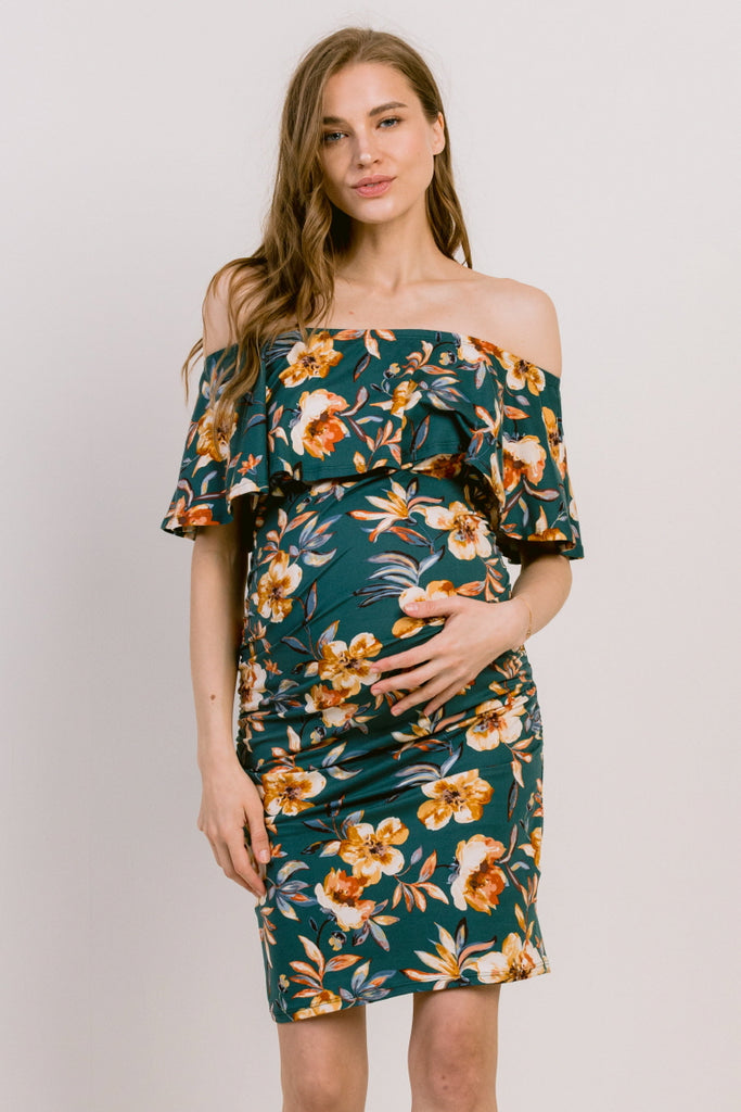 Green Floral Print Ruffled Off Shoulder Maternity Dress