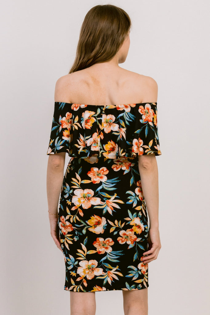 Black Floral Print Ruffled Off Shoulder Maternity Dress