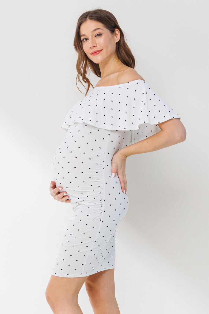 White Polka Dot Ruffle Off-Shoulder Maternity Mini Dress