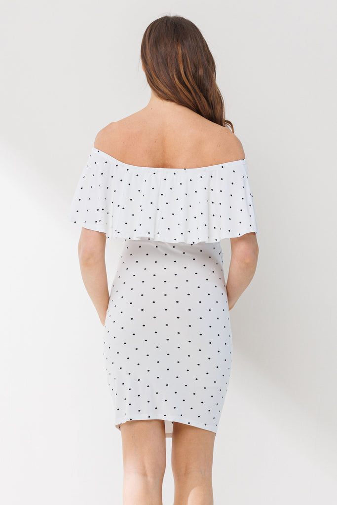 White Polka Dot Ruffle Off-Shoulder Maternity Mini Dress