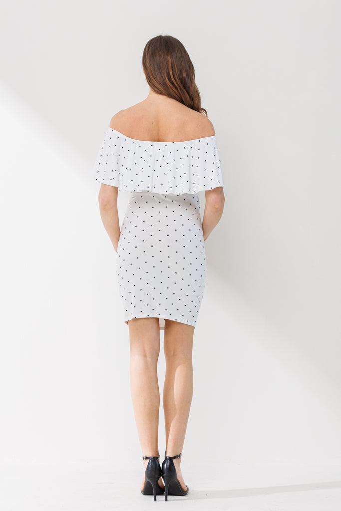 White Polka Dot Ruffle Off-Shoulder Maternity Mini Dress
