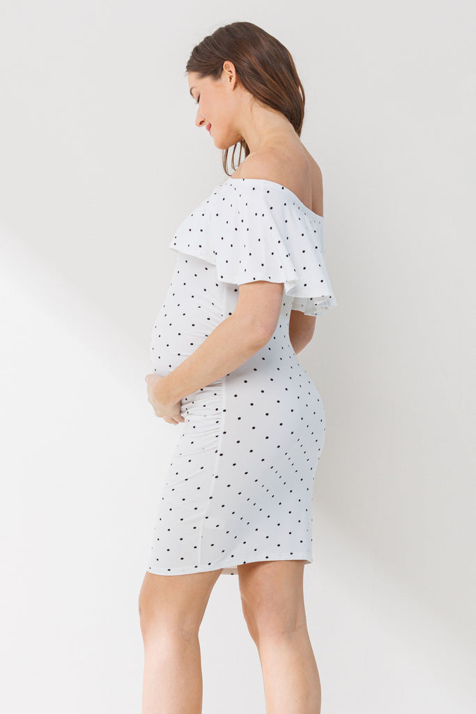 White Polka Dot Ruffle Off-Shoulder Maternity Mini Dress