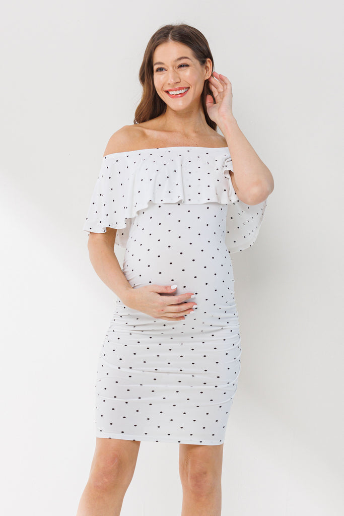 White Polka Dot Ruffle Off-Shoulder Maternity Mini Dress