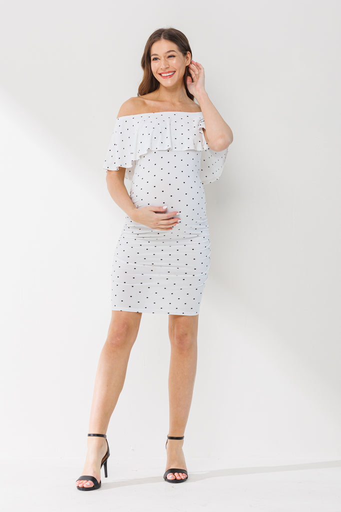 White Polka Dot Ruffle Off-Shoulder Maternity Mini Dress