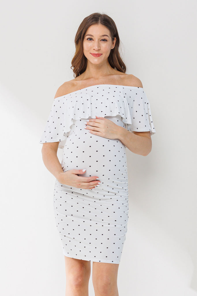 White Polka Dot Ruffle Off-Shoulder Maternity Mini Dress