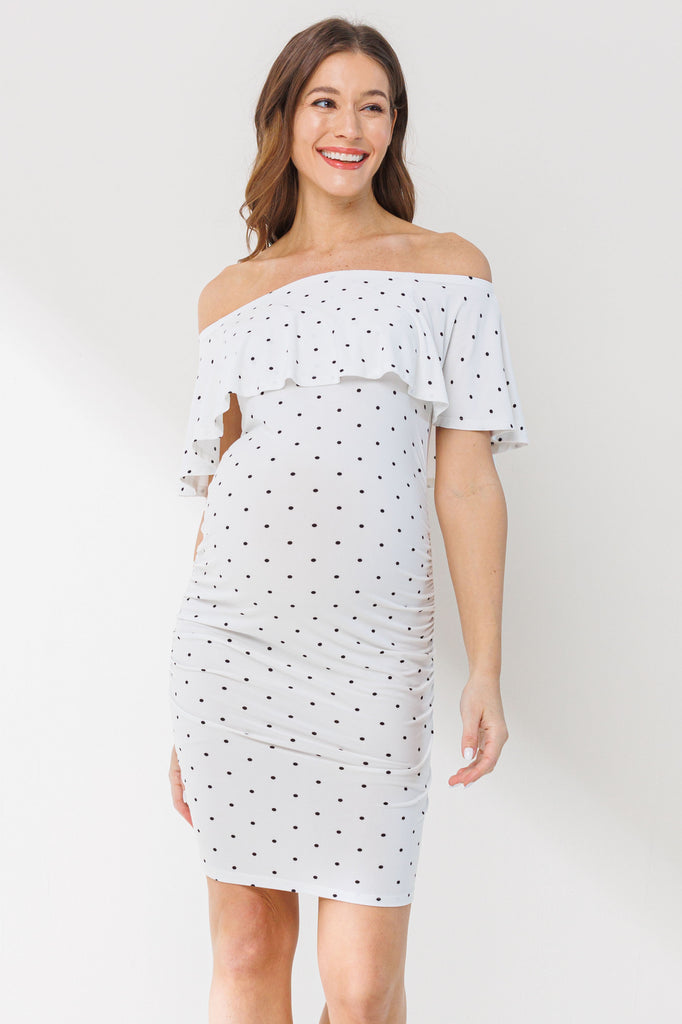 White Polka Dot Ruffle Off-Shoulder Maternity Mini Dress