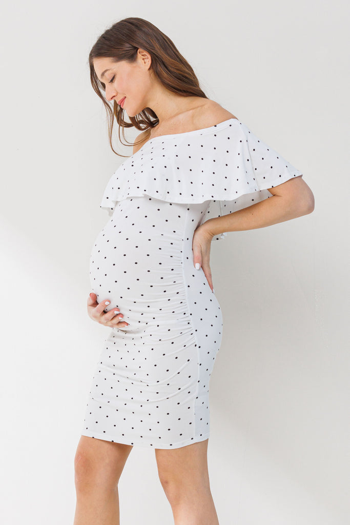 White Polka Dot Ruffle Off-Shoulder Maternity Mini Dress