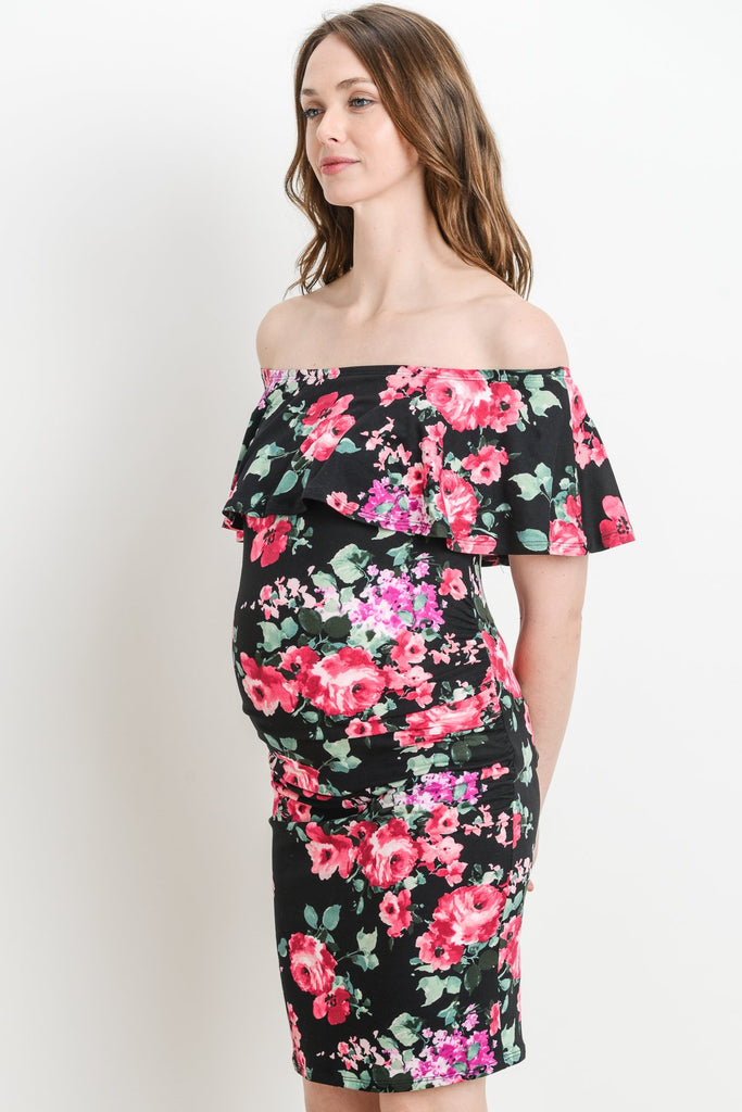 Black Riley Off Shoulder Ruffle Maternity Dress