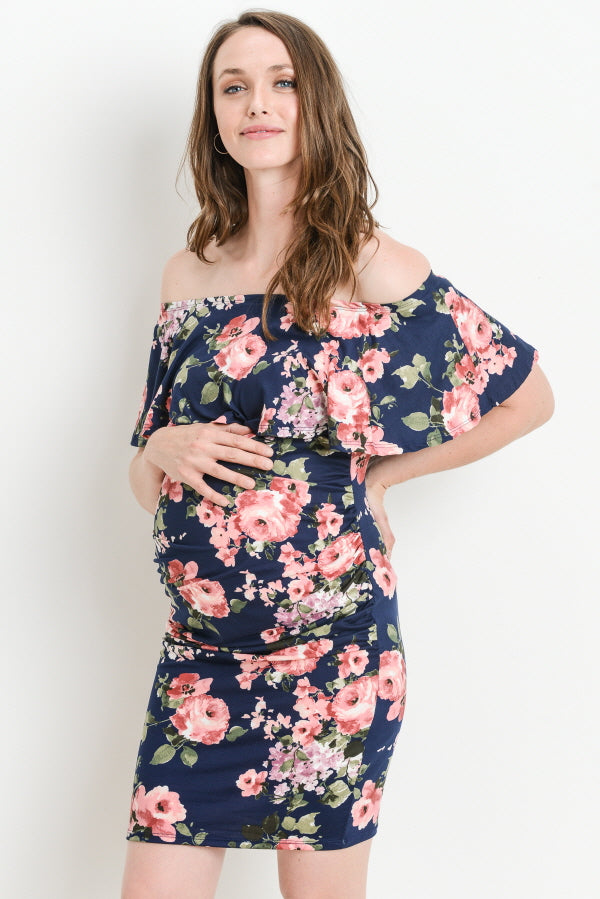 Navy Riley Off Shoulder Ruffle Maternity Dress