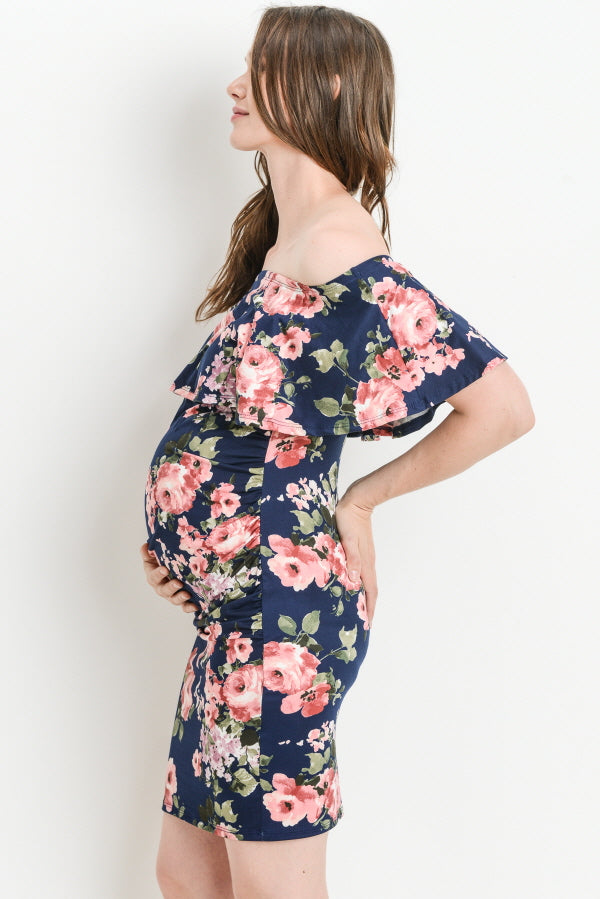 Navy Riley Off Shoulder Ruffle Maternity Dress