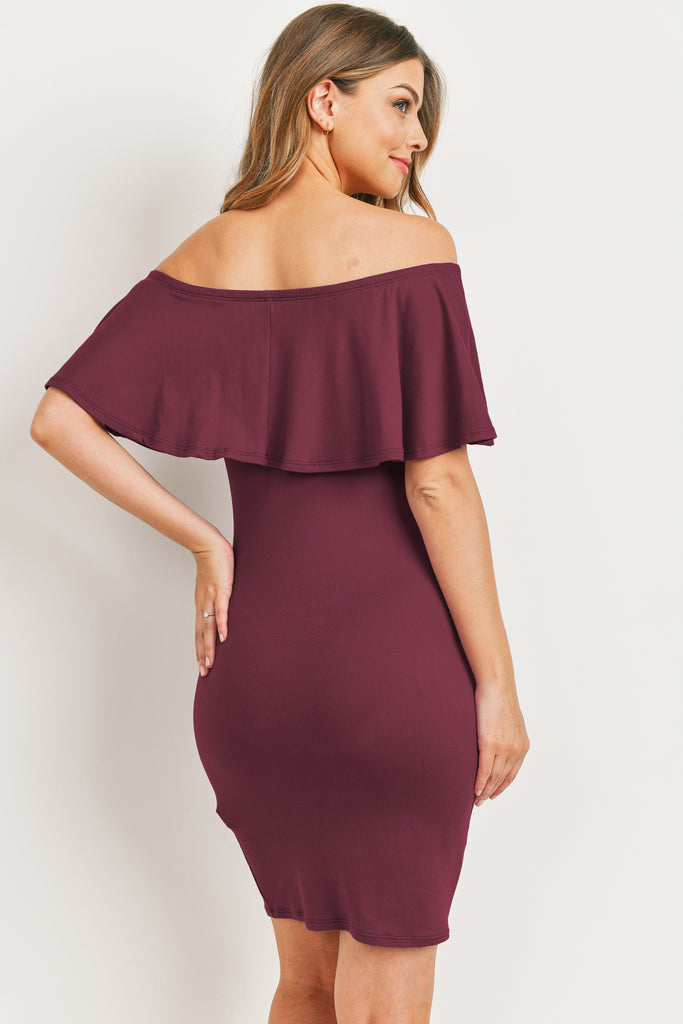 Magenta Single Ruffle Off Shoulder Maternity Dress