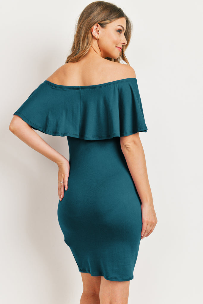 Teal Single Ruffle Off Shoulder Maternity Dress