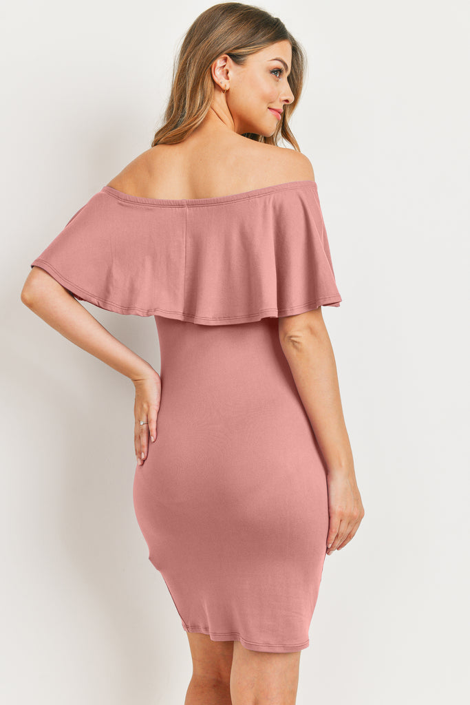 Mauve Single Ruffle Off Shoulder Maternity Dress