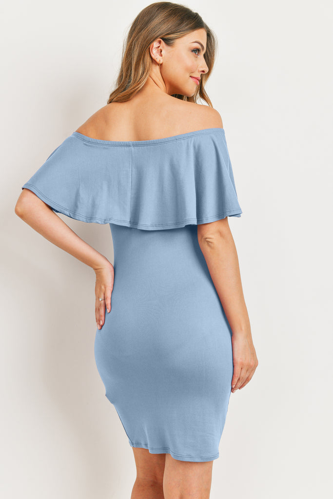 Chambray Single Ruffle Off Shoulder Maternity Dress