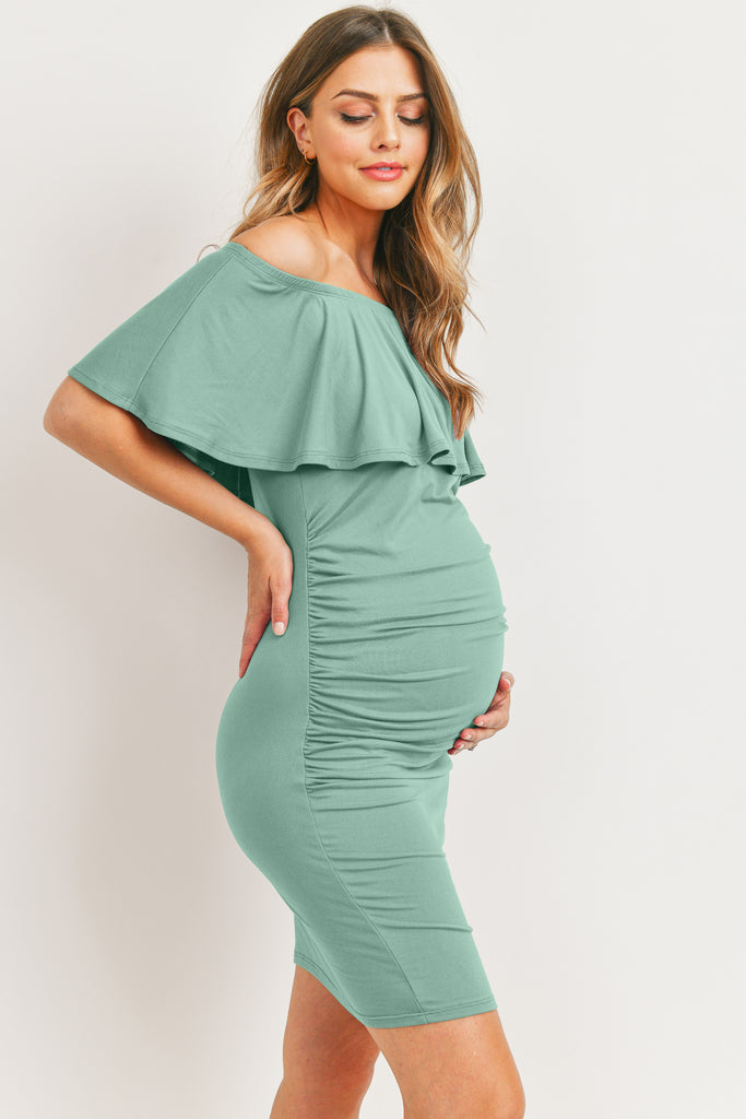 Sage Single Ruffle Off Shoulder Maternity Dress