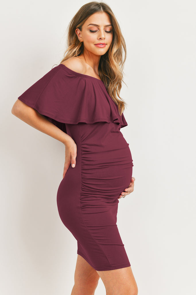 Magenta Single Ruffle Off Shoulder Maternity Dress