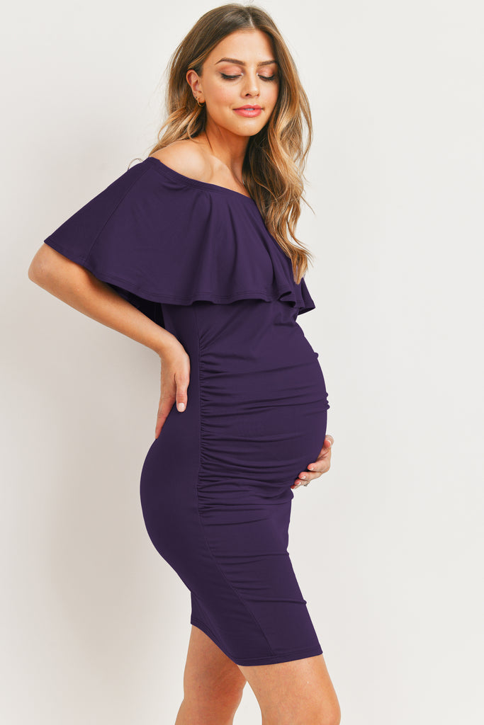 Purple Single Ruffle Off Shoulder Maternity Dress