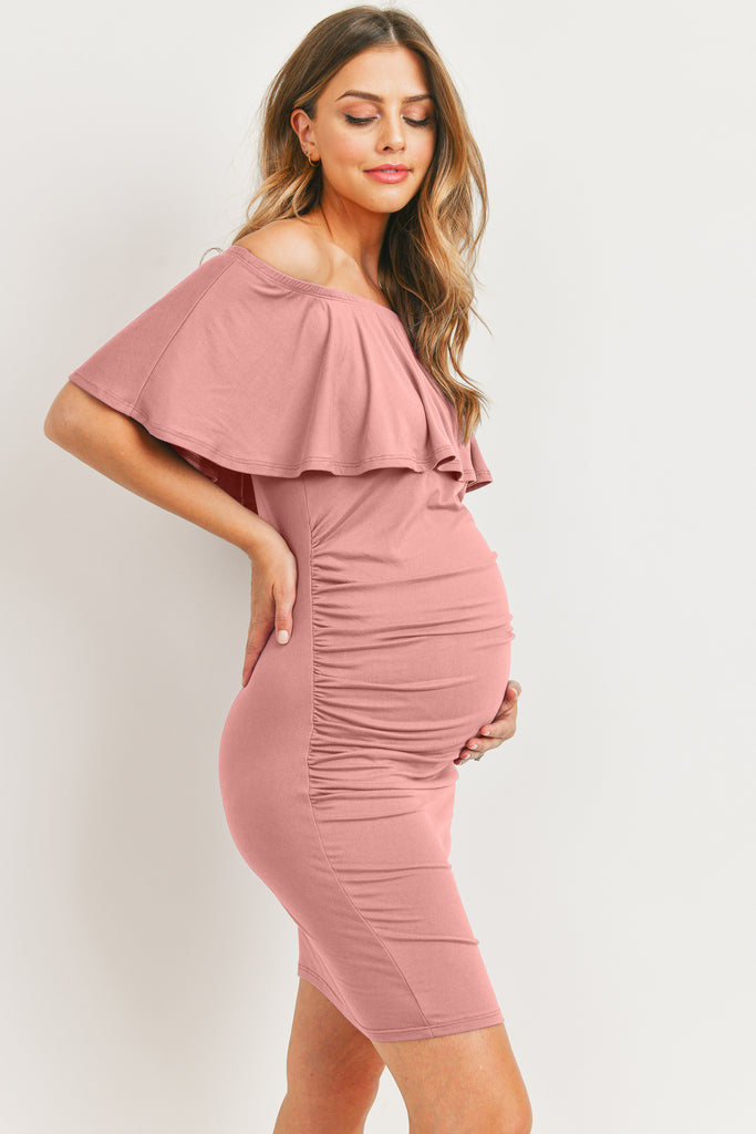 Mauve Single Ruffle Off Shoulder Maternity Dress