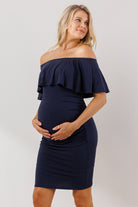 Navy Single Ruffle Off Shoulder Maternity Dress
