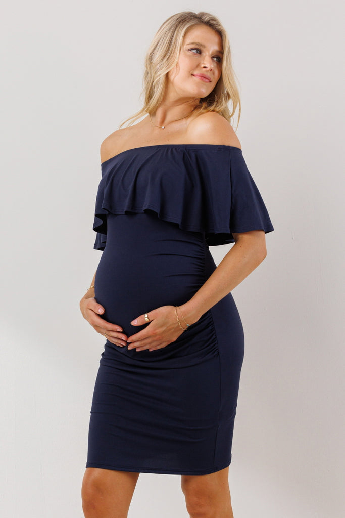 Navy Single Ruffle Off Shoulder Maternity Dress