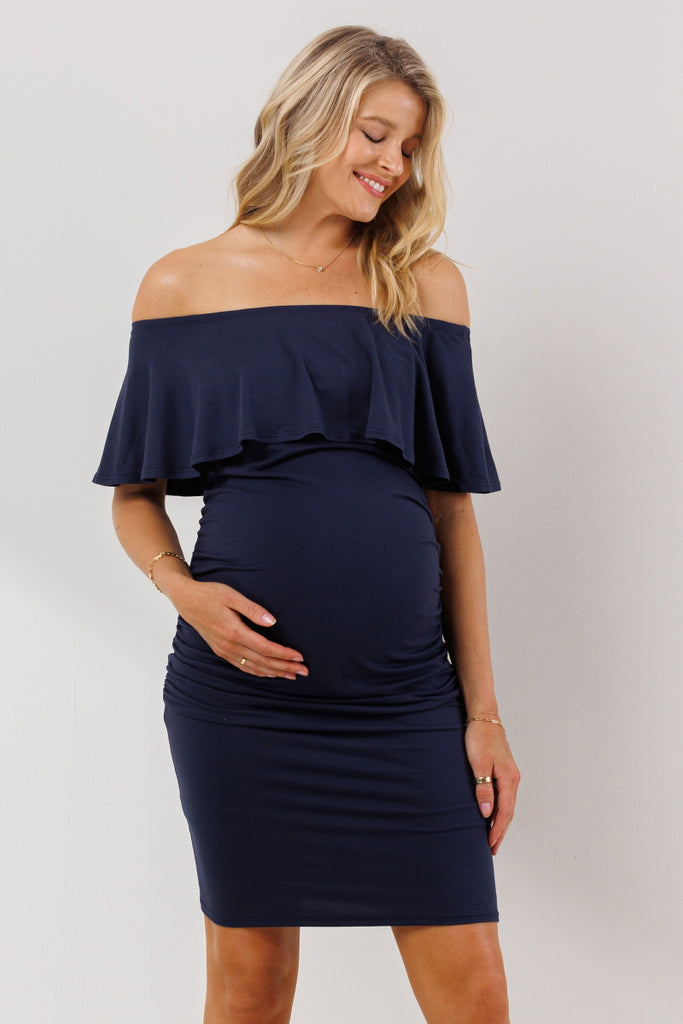 Navy Single Ruffle Off Shoulder Maternity Dress